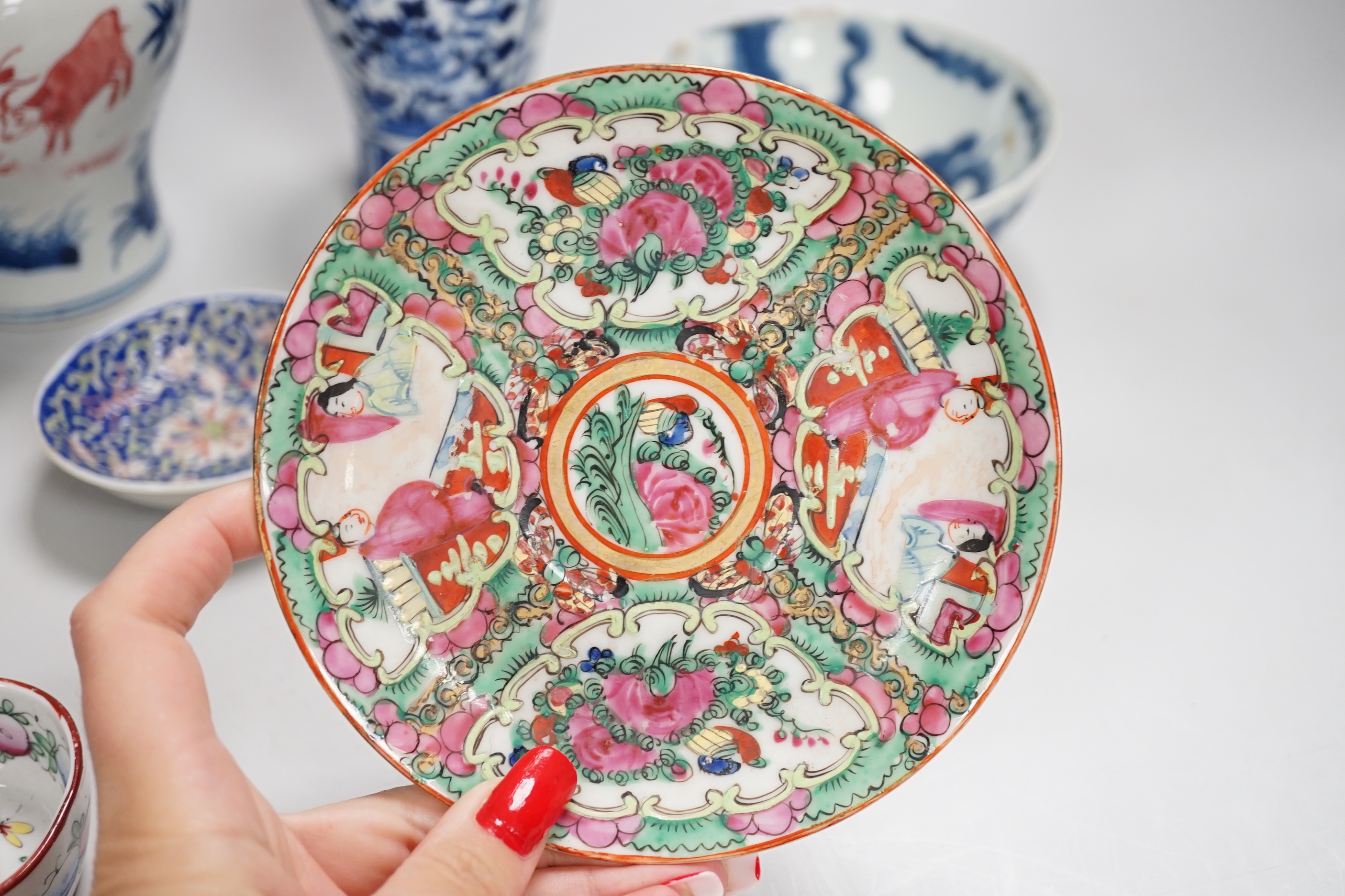 Chinese ceramics including a blue and white vase and bowl, the largest 16cm high